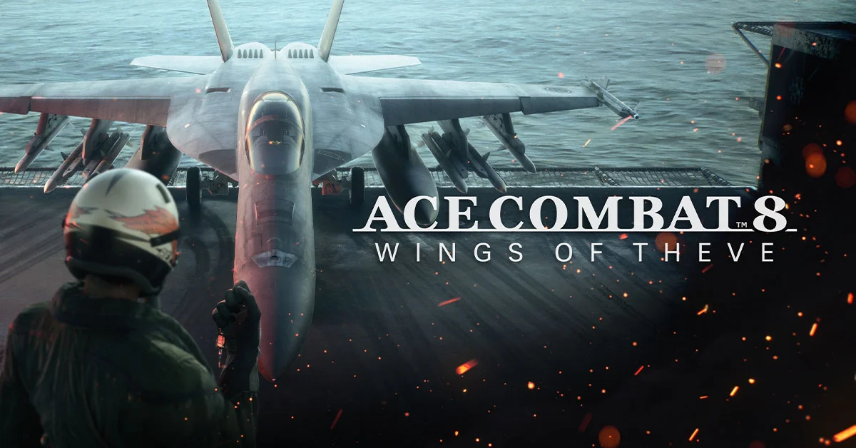 Official Ace Combat 8: Wings of Theve key art of a pilot in a flight helmet beside a fighter jet on a carrier deck