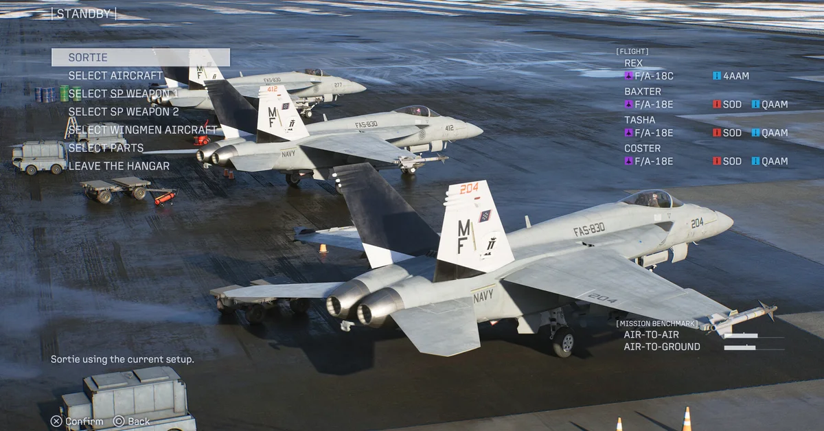 Four Joker Flight F/A-18 fighters parked on a wet carrier deck on the Ace Combat 8 Standby screen before a sortie