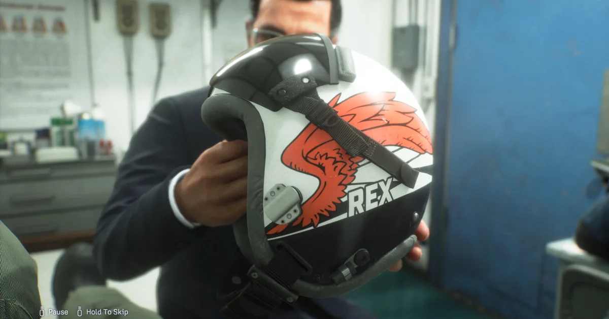 A man in a dark jacket holds up a white flight helmet painted with a red wing and the name Rex in an Ace Combat 8 story scene