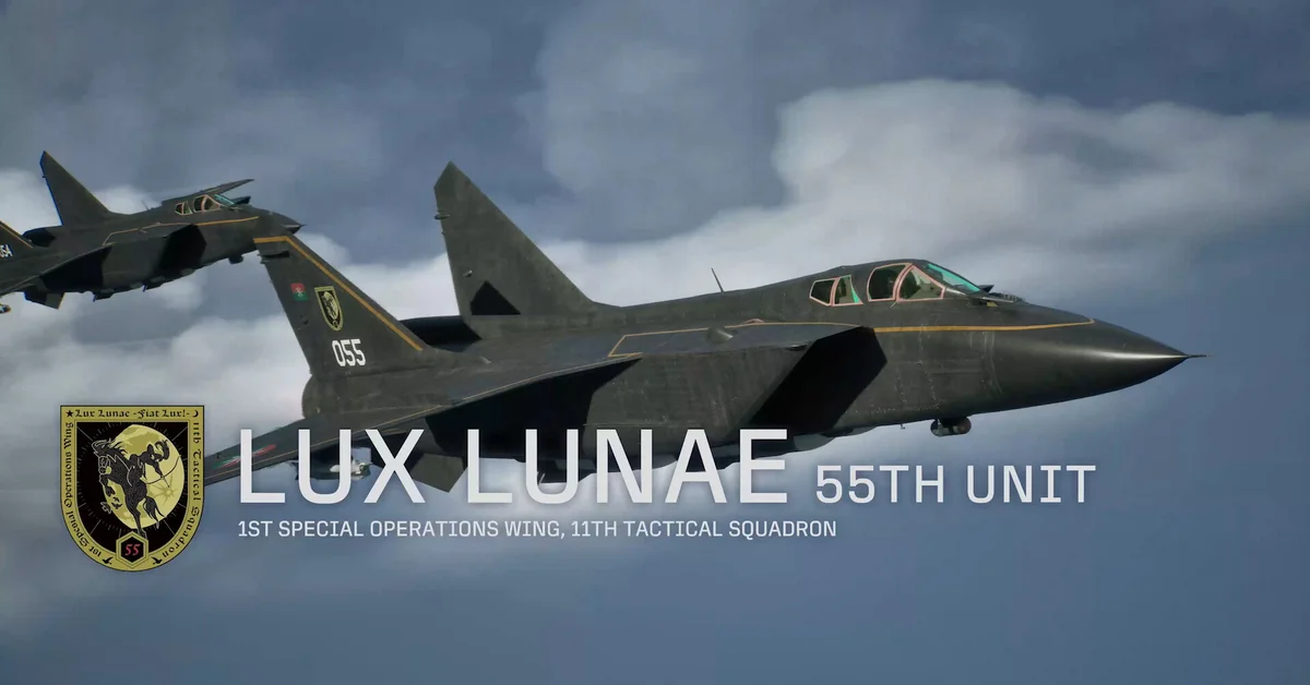 Two dark grey enemy jets of the Lux Lunae 55th Unit flying through clouds in Ace Combat 8: Wings of Theve