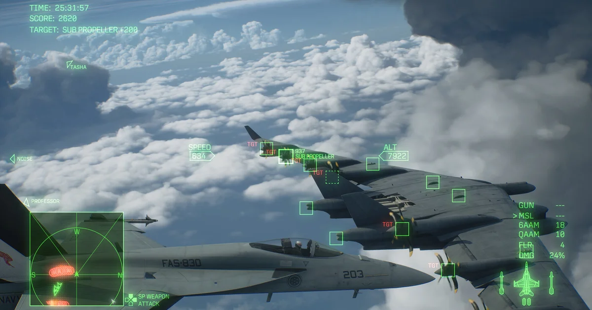 The player's jet flying beside a huge propeller-driven enemy aircraft covered in target markers above the clouds in Ace Combat 8: Wings of Theve