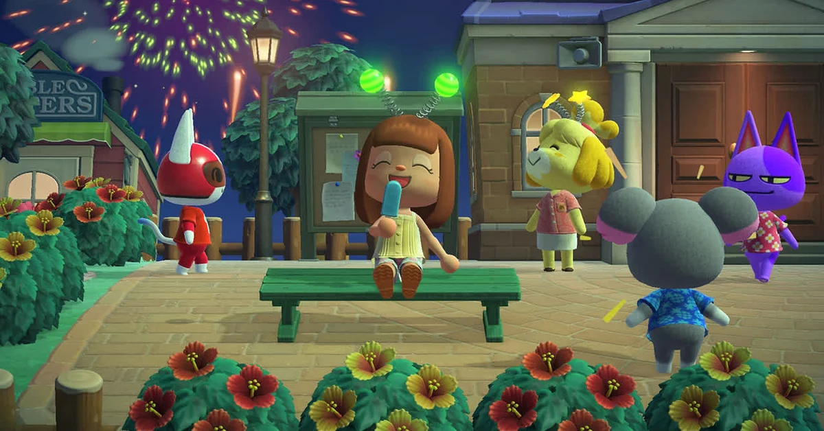 A player eating a popsicle on a bench in the plaza while Isabelle and several villagers watch fireworks at night in Animal Crossing New Horizons