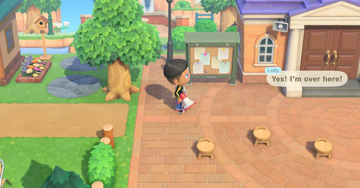 A player holding a megaphone near the Resident Services plaza as villager Lolly answers "Yes! I'm over here!" in Animal Crossing New Horizons