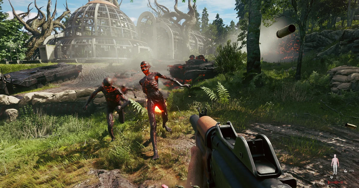 A player aiming a rifle at creatures near a ruined dome in a forest in Active Matter