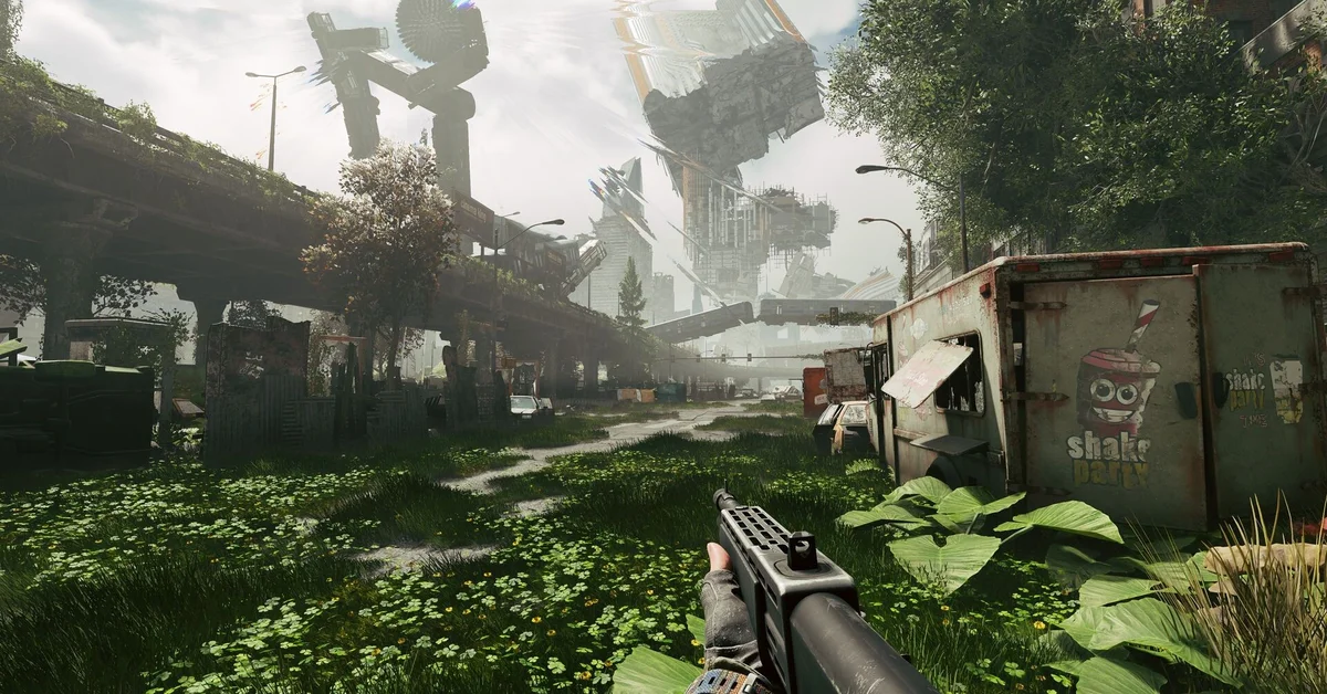 First-person view of an overgrown ruined overpass with floating structures hanging in the sky in Active Matter