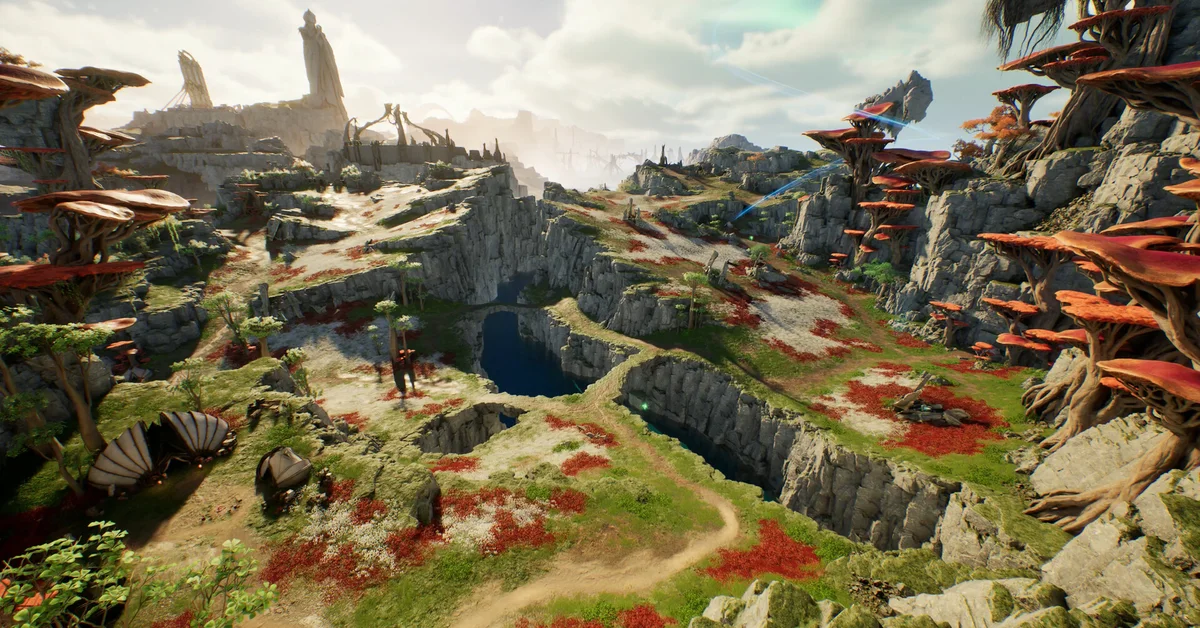 Official AION 2 screenshot of a rocky canyon landscape with giant red mushroom trees and ruined towers