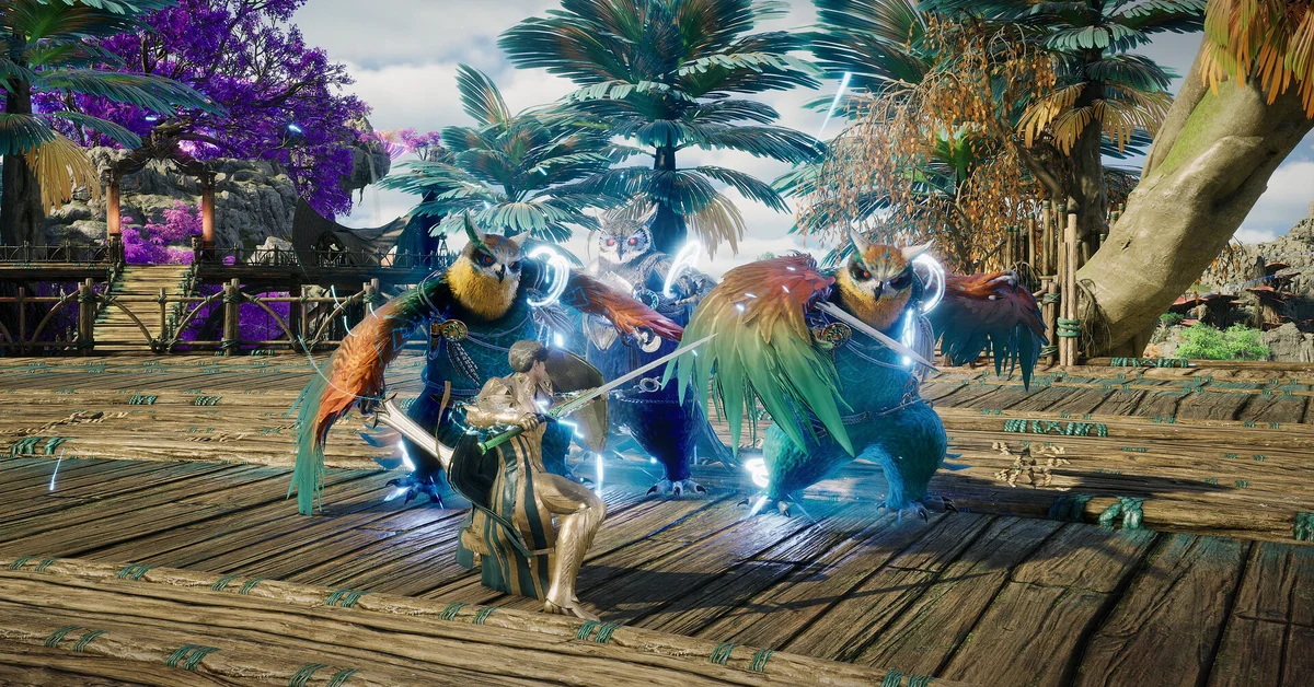 Official AION 2 screenshot of a sword-wielding character fighting three feathered owl-like creatures on a wooden deck
