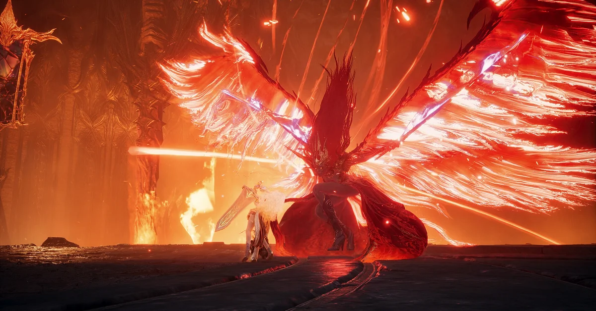 Official AION 2 screenshot of a greatsword-wielding character facing a winged boss wreathed in red flames