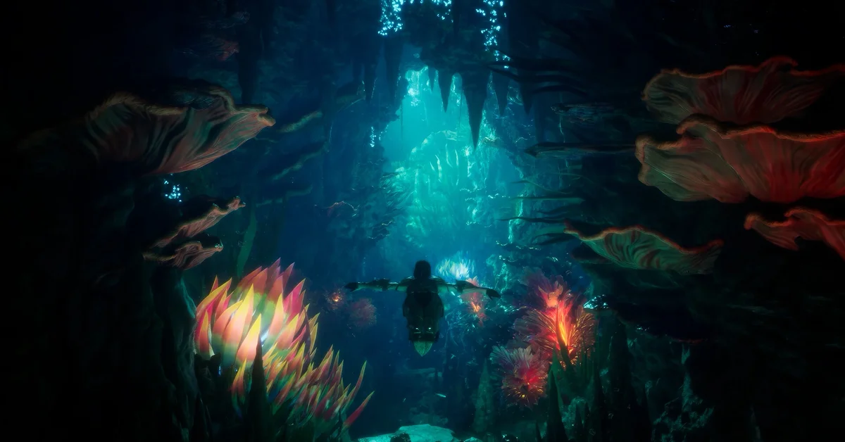 A character swimming through a glowing underwater cave lined with coral-like plants in AION 2