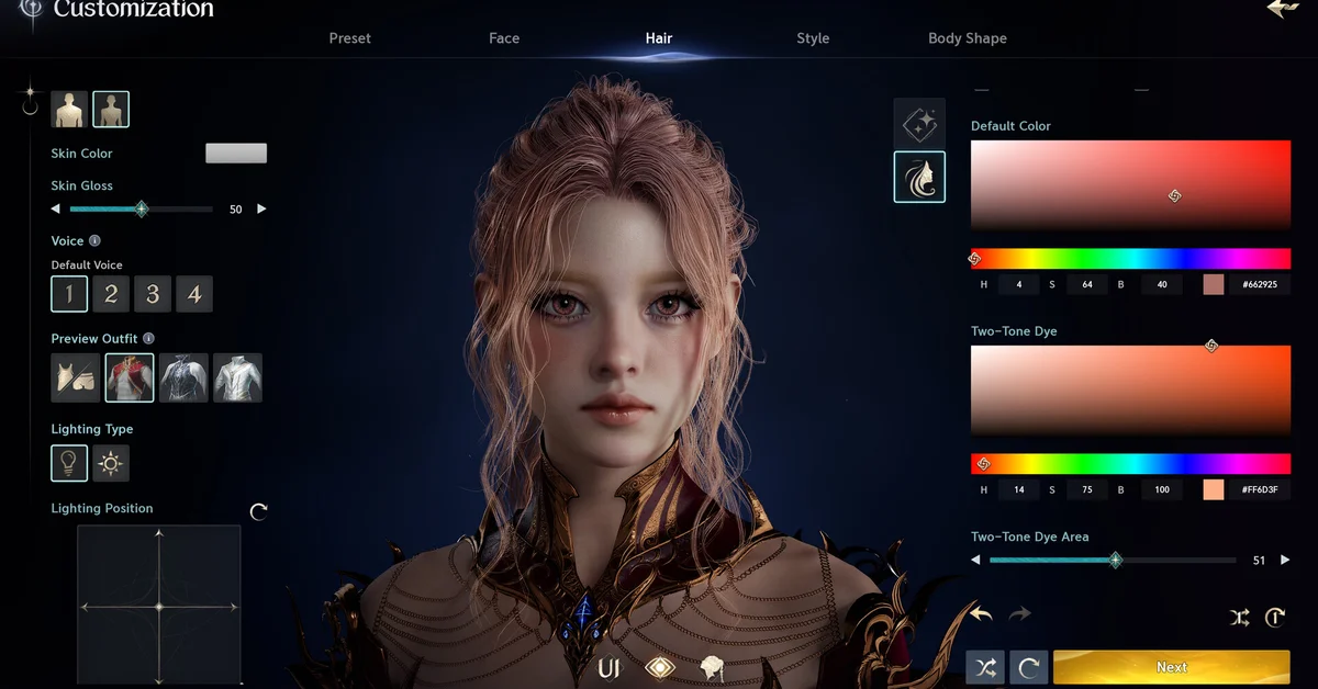 The AION 2 character customization screen showing the Hair tab with color and two-tone dye sliders