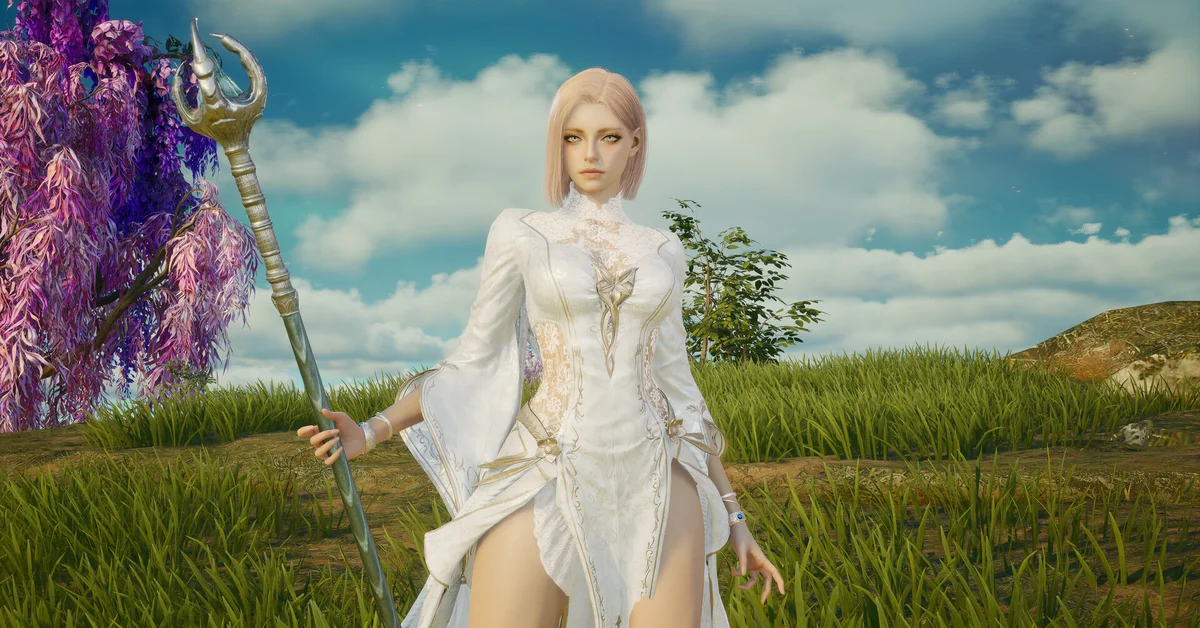 A white-robed AION 2 character holding a tall staff in a grassy field under a blue sky