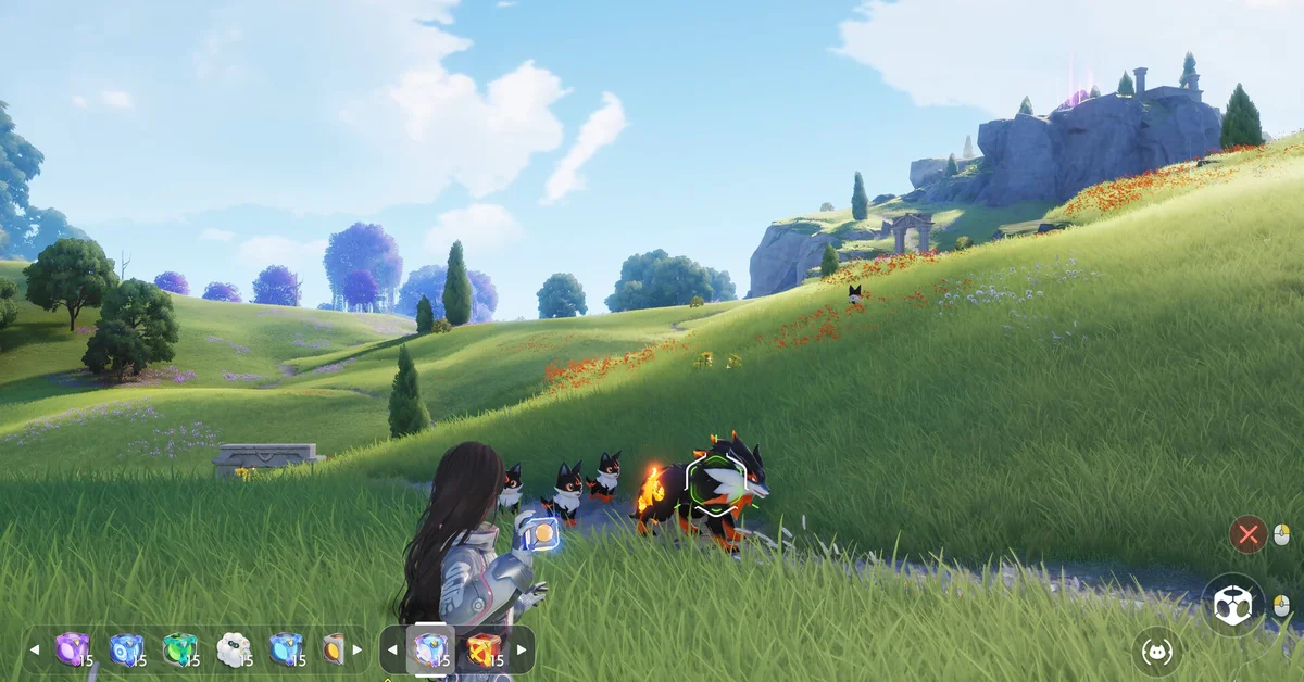 A player standing with Aniimo creatures on a green hillside with a castle in the distance in Aniimo