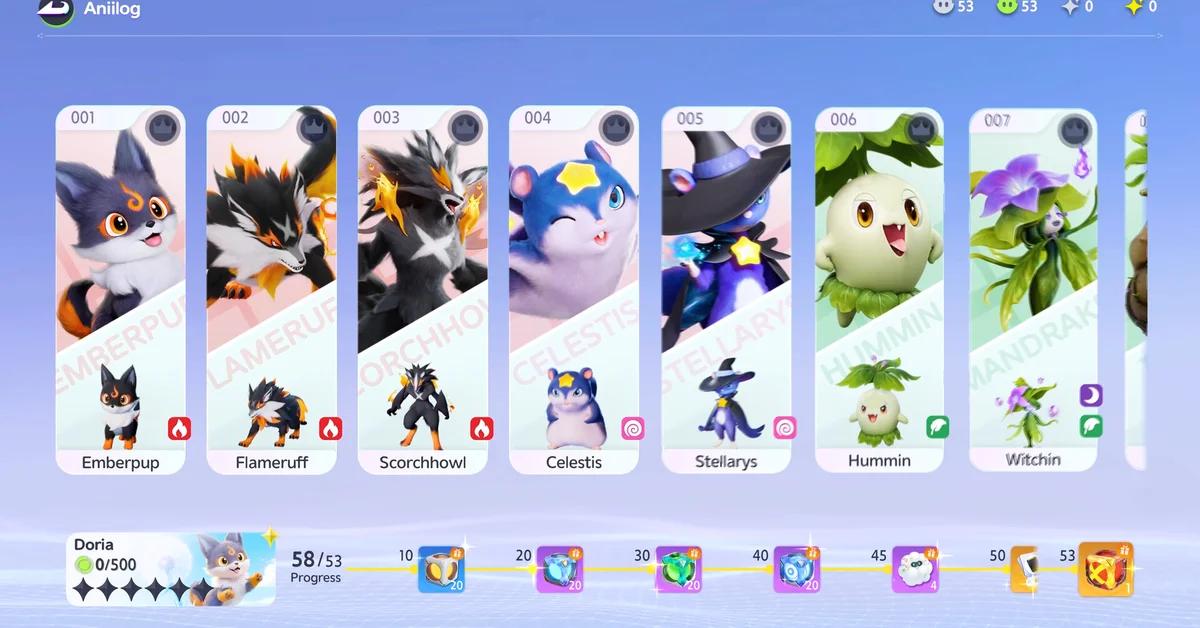 The Aniilog collection screen in Aniimo showing a grid of creature cards