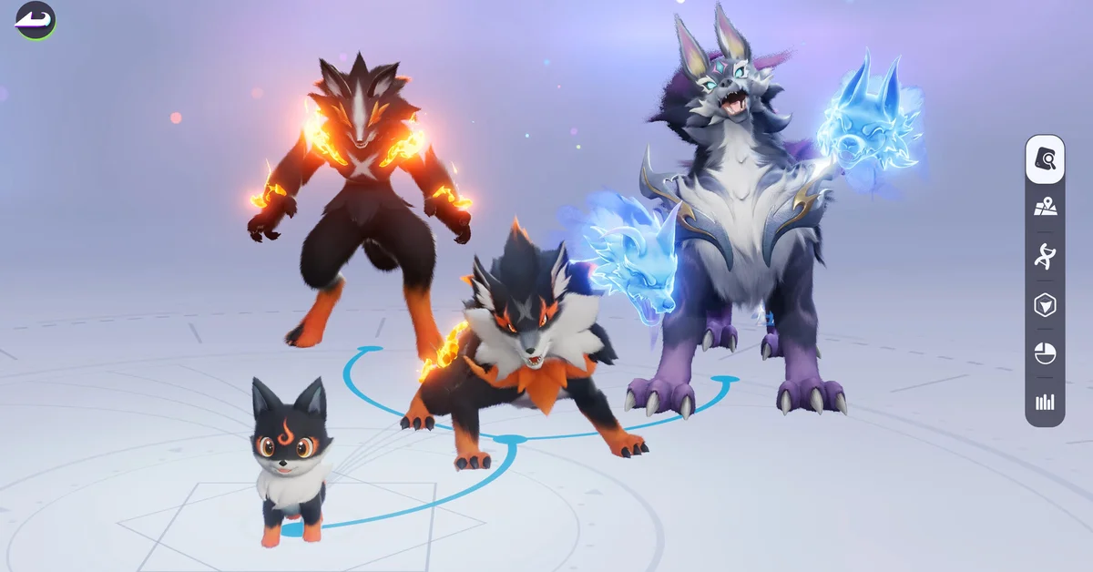 An evolution line in Aniimo showing a small black cat-like creature growing into larger wolf-like forms