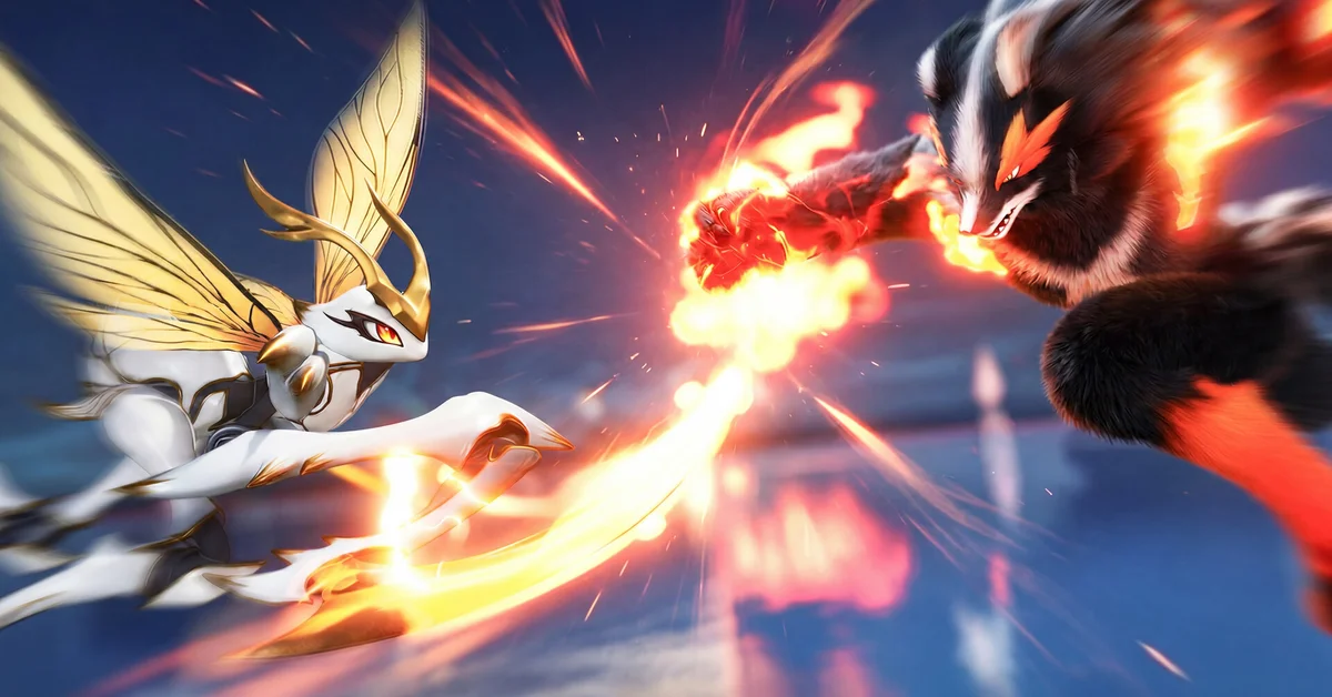 A white winged Aniimo clashing with a fiery dark creature in a battle in Aniimo