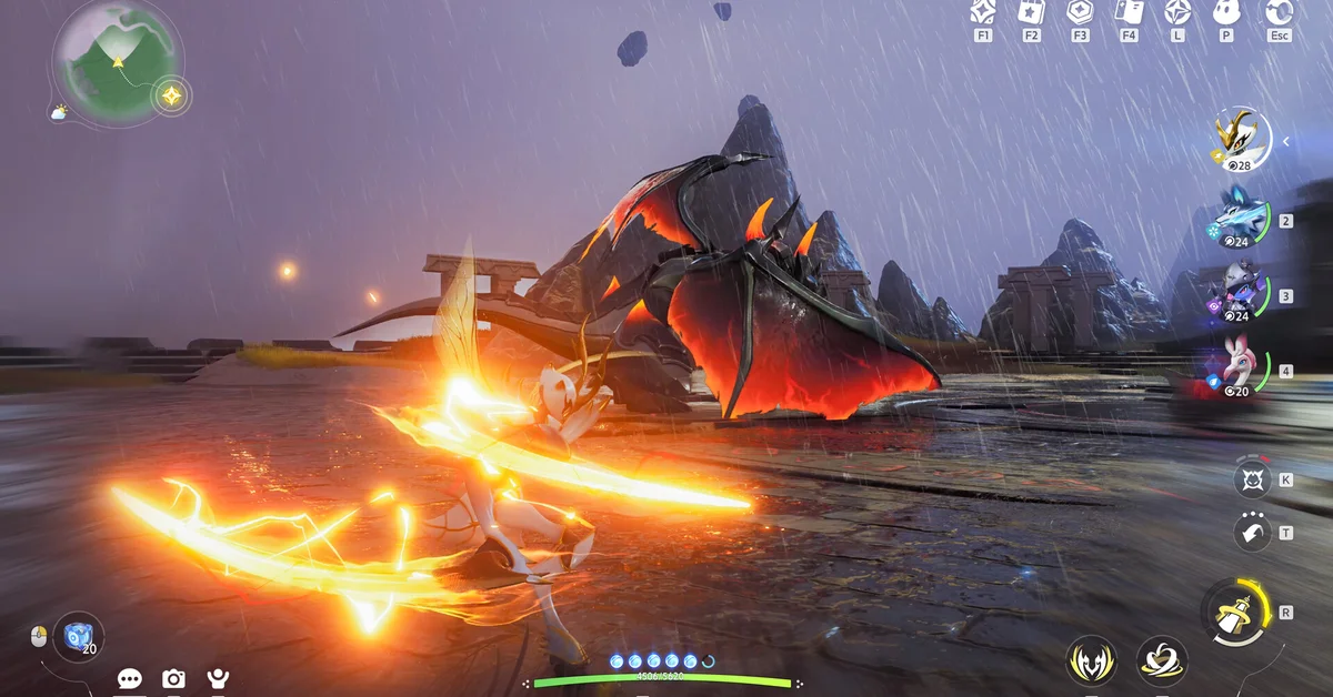 A fiery sword strike against a large dark dragon-like Aniimo at night in Aniimo