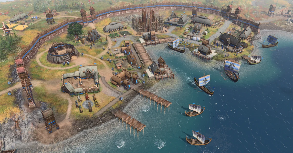 A Viking coastal settlement with longships in Age of Empires IV Raiders of the North