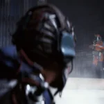 An Arc Raiders raider in an orange suit aiming from a doorway as another player watches in the foreground