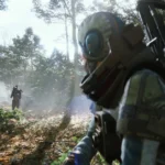 A masked raider moving through a sunlit forest in ARC Raiders