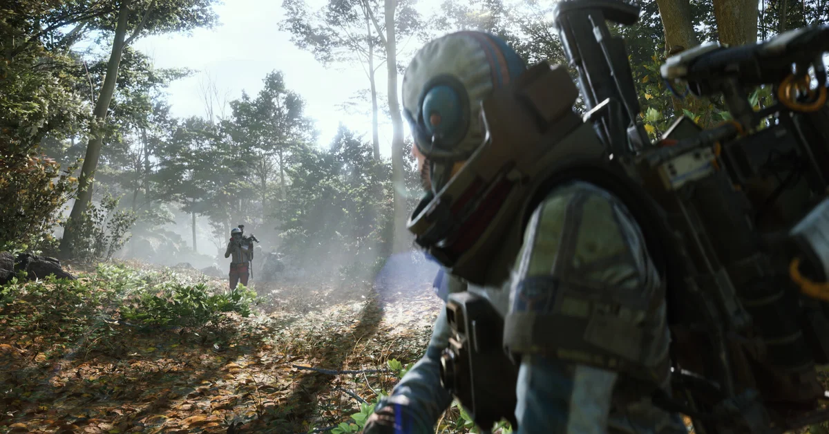 A masked raider moving through a sunlit forest in ARC Raiders