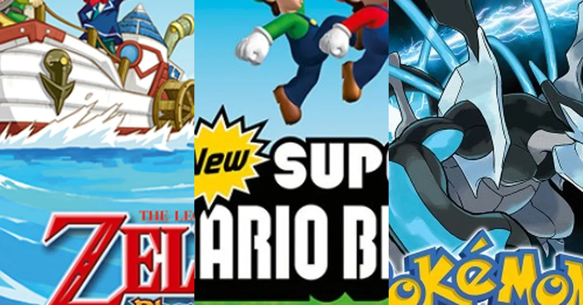 Official art for Phantom Hourglass, New Super Mario Bros., and Pokemon Black and White on Nintendo DS
