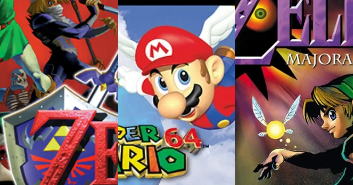 Official art for The Legend of Zelda Ocarina of Time, Super Mario 64, and Majora's Mask on Nintendo 64