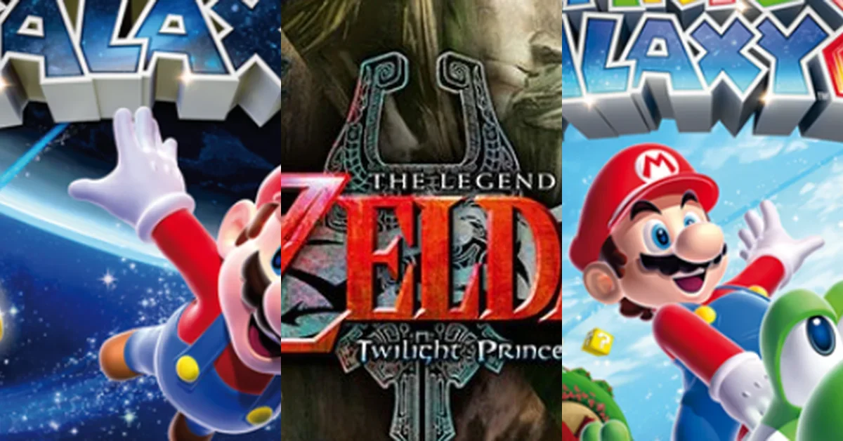 Official art for Super Mario Galaxy, Twilight Princess, and Super Mario Galaxy 2 on Wii