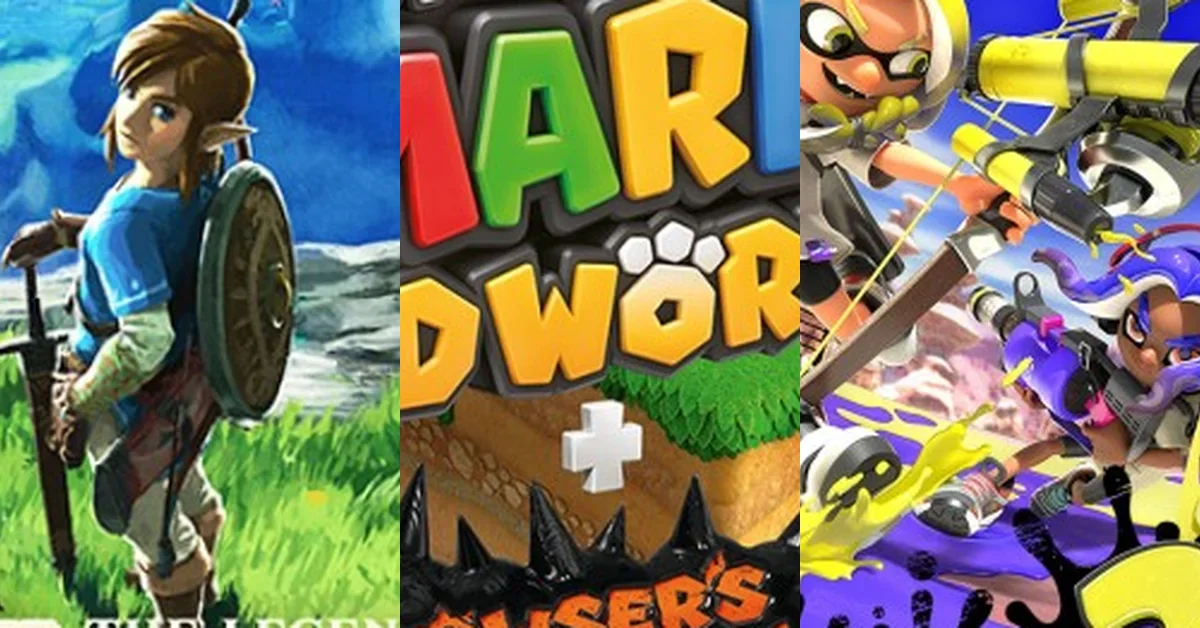Official art for Breath of the Wild, Super Mario 3D World, and Splatoon on Wii U