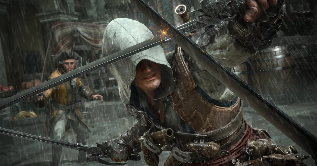 Edward Kenway in his hood with blades drawn in the rain in Assassin's Creed Black Flag Resynced