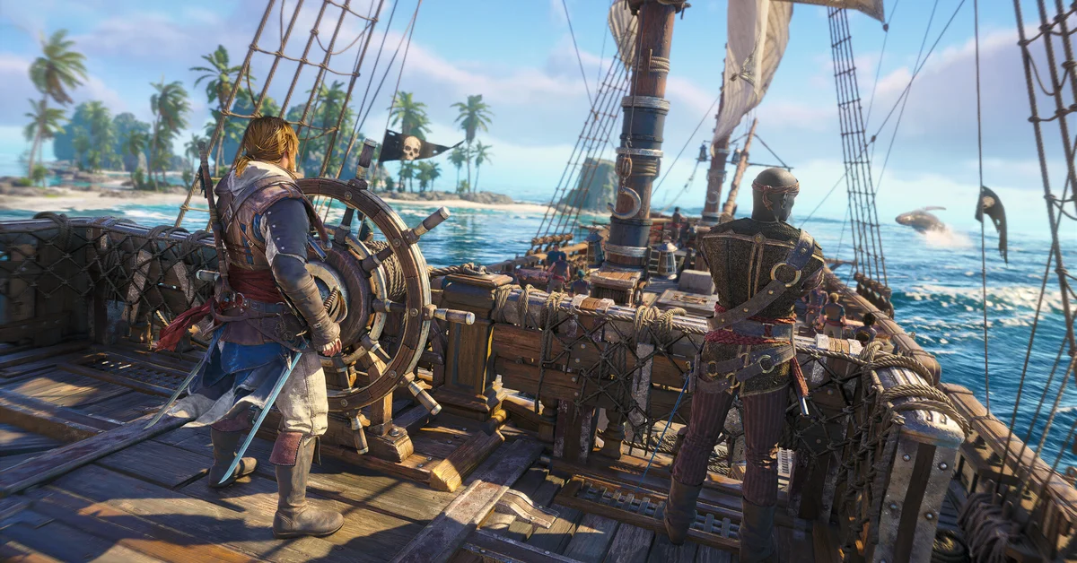 Edward Kenway at the Jackdaw's helm on a sunny sea in Black Flag Resynced