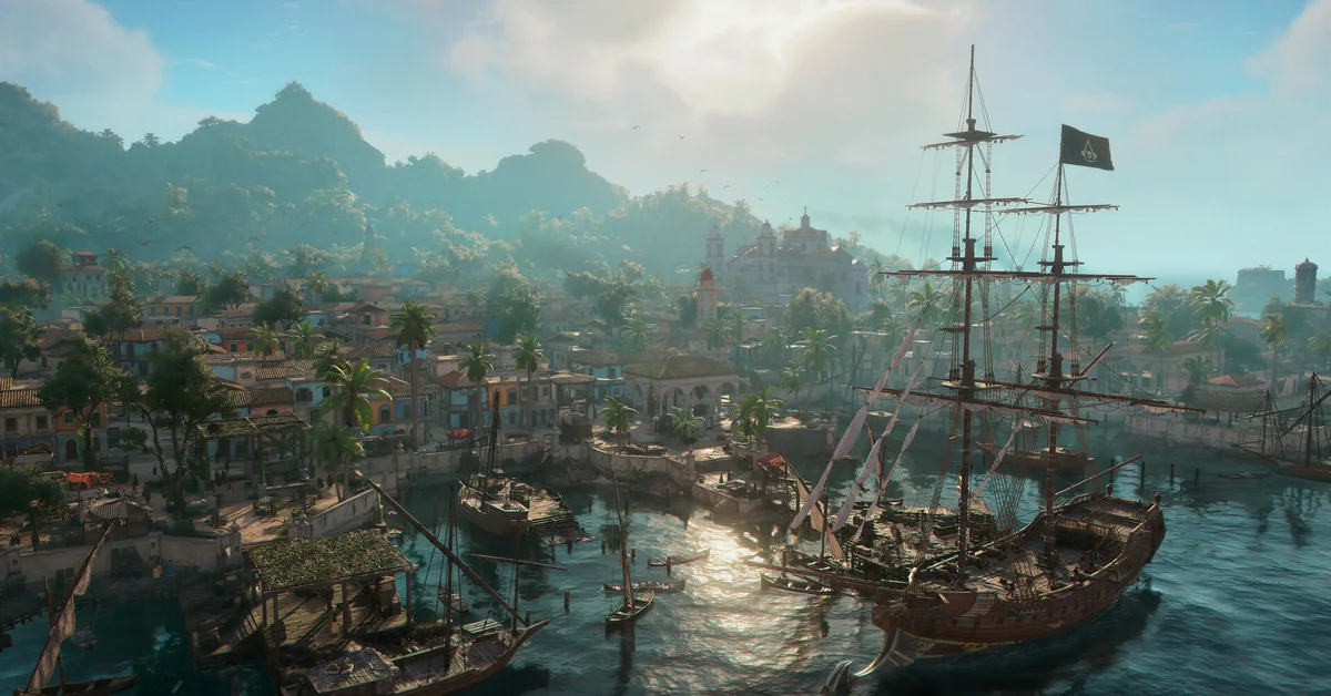 Sailing ships anchored in a Caribbean harbor town in Black Flag Resynced