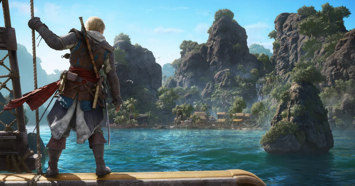 Edward Kenway at the bow of his ship near rocky islands in Black Flag Resynced