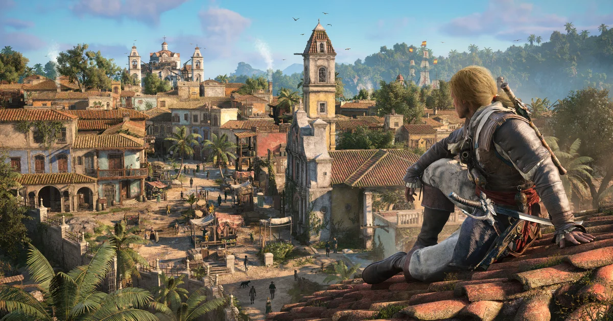 Edward Kenway crouched on a rooftop above Havana in Black Flag Resynced