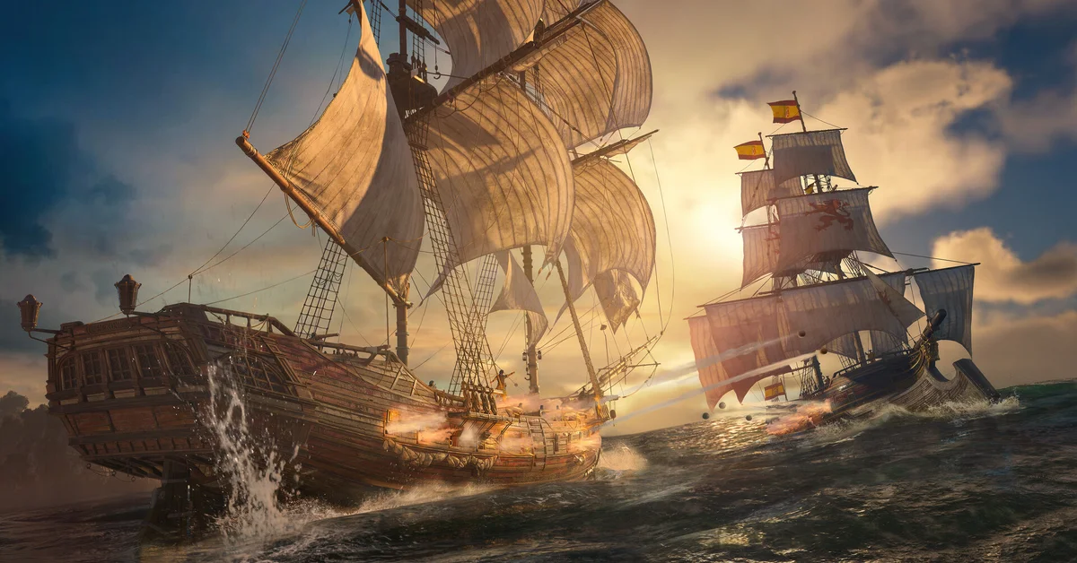 Two sailing warships trading fire at sunset in Black Flag Resynced