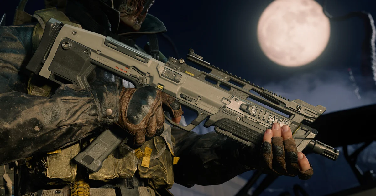 An operator holding a customized rifle under a full moon in Black Ops 7
