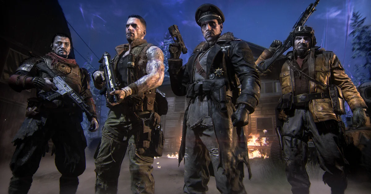 Four Zombies crew members in front of a burning building in Black Ops 7 Zombies