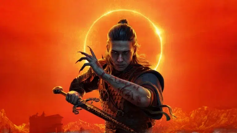 Official key art for The Blood of Dawnwalker showing Coen in front of a blood-red eclipse