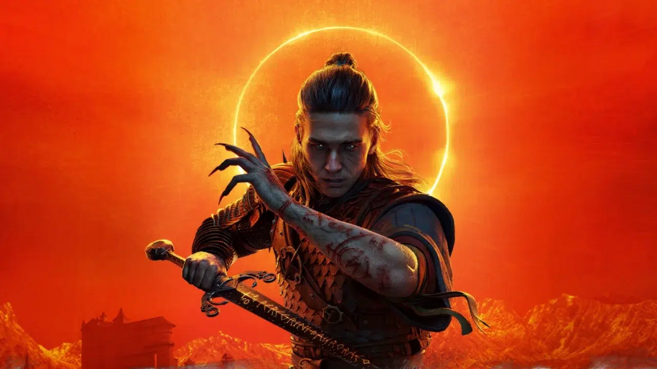 Official key art for The Blood of Dawnwalker showing Coen in front of a blood-red eclipse