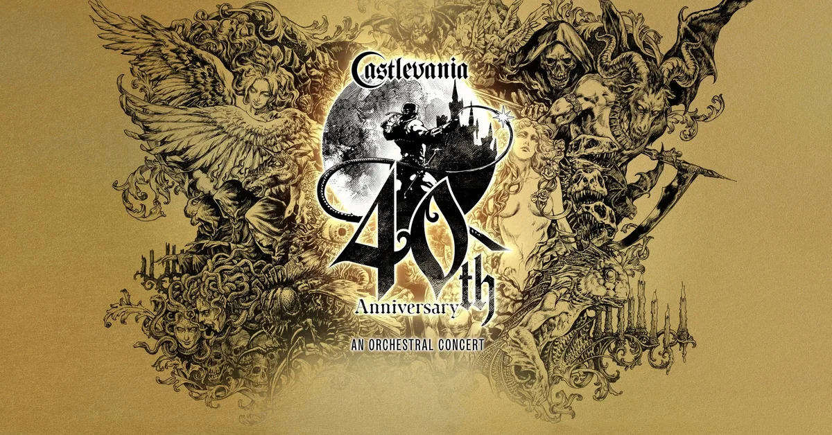 Official key art for Castlevania 40th Anniversary An Orchestral Concert: an engraved gold illustration of a whip-wielding Belmont and gothic monsters around a large 40th logo