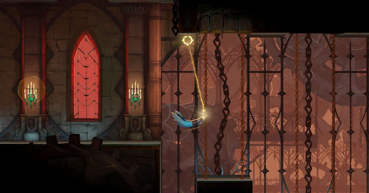 Rose Belmont swinging on a glowing whip across a gothic clocktower room in Castlevania: Belmont's Curse