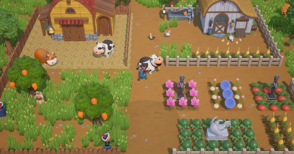 Farmer walking beside a black and white cow past a barn, orange fruit trees and fenced flower, tomato and watermelon plots with statues in Coral Island