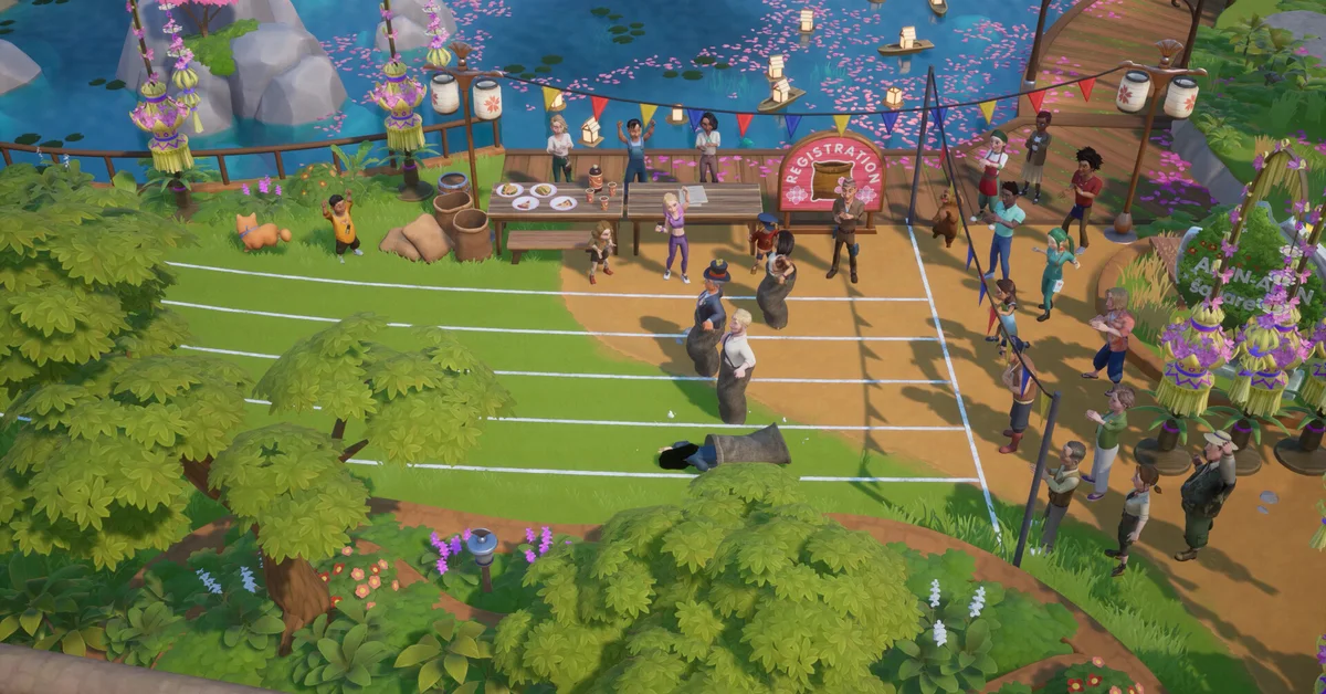 Villagers cheering a sack race on a grass running track beside a lantern-lit lake and a Registration booth at an outdoor festival in Coral Island
