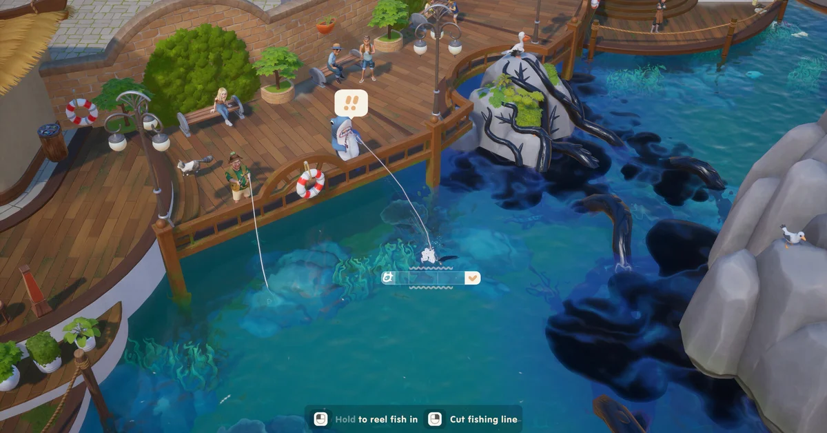 Player in a shark costume reeling in a fish from a wooden pier beside dark polluted water and twisted black roots in Coral Island