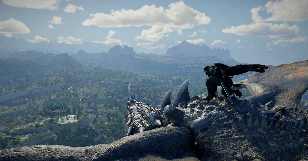 A dragon perched above a vast valley in Crimson Desert