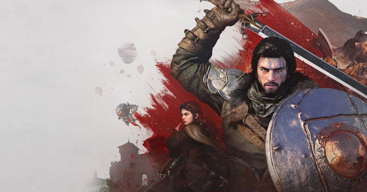 Kliff raising his sword beside Damiane in Crimson Desert key art