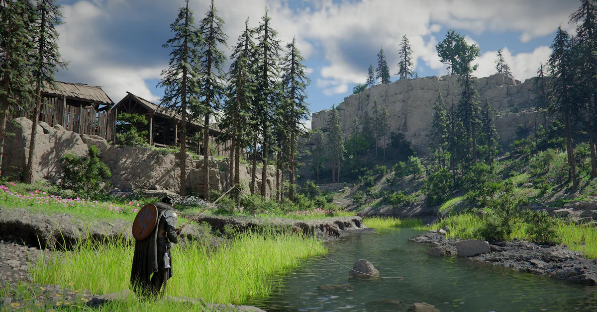 Kliff standing by a forest river in Crimson Desert
