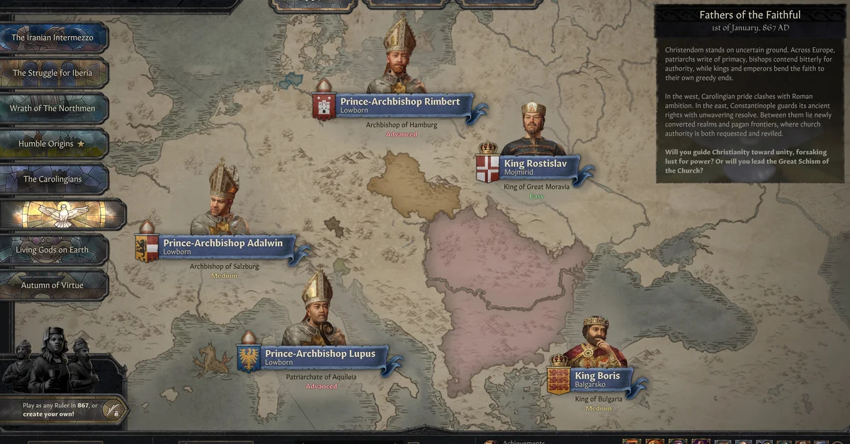 The Fathers of the Faithful 867 bookmark screen in Crusader Kings 3 By God Alone, showing prince-archbishops and kings across Europe