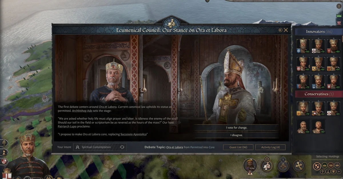 An Ecumenical Council debate over the Ora et Labora tenet in Crusader Kings 3 By God Alone, with Innovators and Conservatives listed