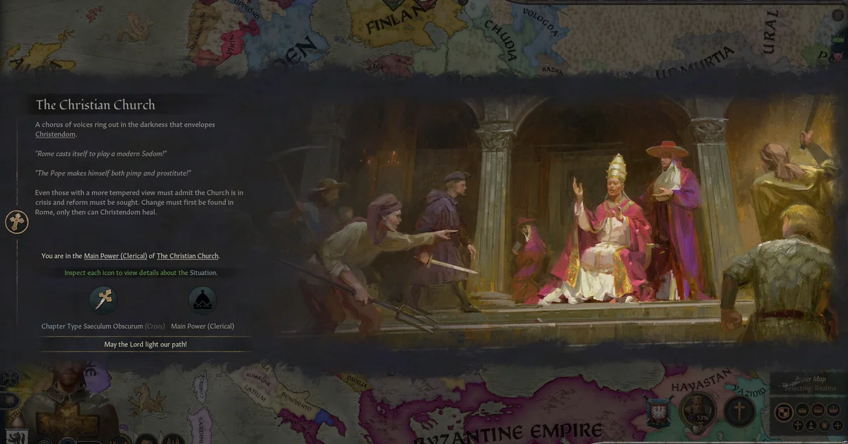 The Christian Church Situation window in Crusader Kings 3 By God Alone, with a painting of the Pope enthroned in Rome