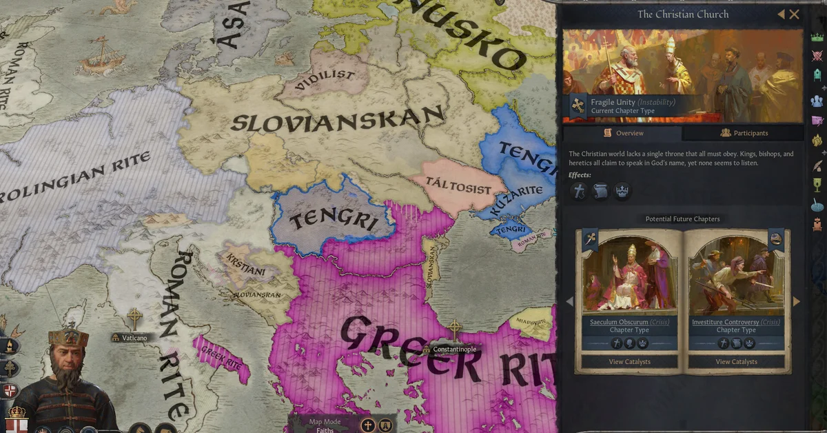 Crusader Kings 3 map showing the Roman Rite and Greek Rite across Europe, with the Christian Church Situation window in Fragile Unity